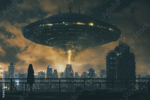 a large ufo is flying over a city at night