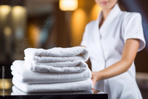 Beautiful young smiling woman maid making bed in hotel room, focus on stack of clean towels 