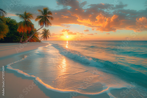 Orange sunset at the coconut palms beach. Palm trees on seashore landscape. The waves beat on the sand on a sandy beach.