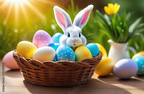 A postcard for the Easter holiday. A rabbit is sitting in a basket with eggs.