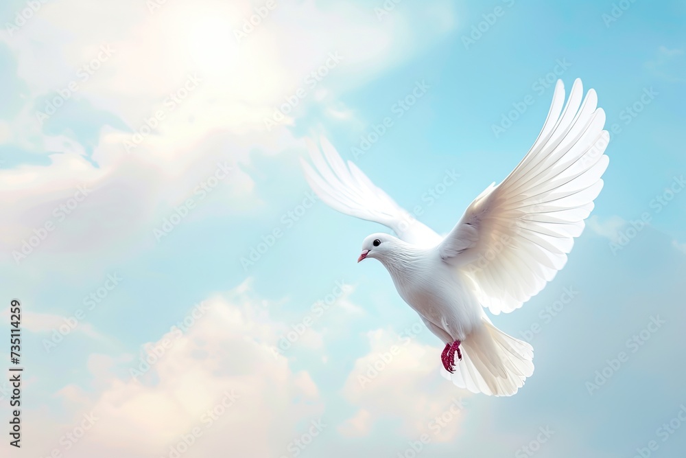 Cloudy sky cemetery background with flying white dove flapping its wings, there is copy space for text. Cloudy sky cemetery background with flying white dove flapping its wings, there is copy space for text.
