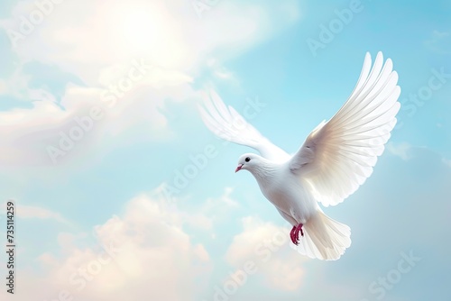 Cloudy sky cemetery background with flying white dove flapping its wings, there is copy space for text. © alauli