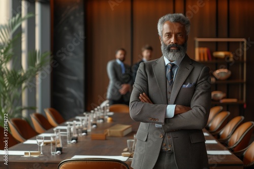 A distinguished African American businessman stands in boardroom, commanding presence. Elegant African American elder with arms crossed in boardroom, exuding leadership.
