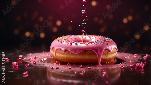 Juicy donut with pink glaze and sprinkles on dark background with bokeh. Sprinkling in levitation