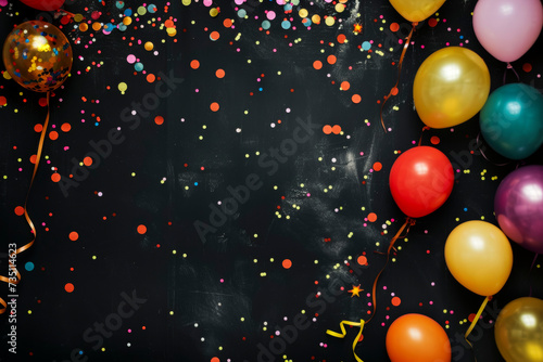 Greeting bright background with balloons and confetti. photo