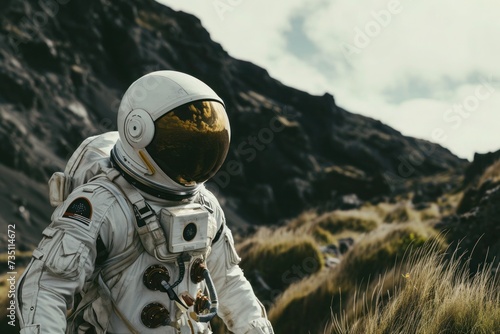 A man in military camouflage helmet is hiking through mountainous landscape