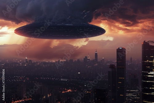 an ufo is flying over a city at night