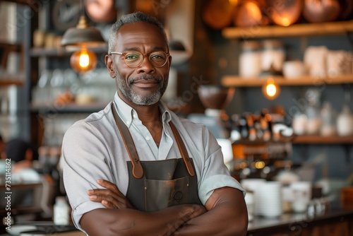 African American male barista, coffee shop owner small business. Mature man arms crossed, confident gaze in coffee shop setting. Coffeehouse owner stands, arms folded, exuding confidence