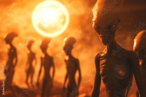 A group of aliens admiring an atmospheric phenomenon in front of a sun