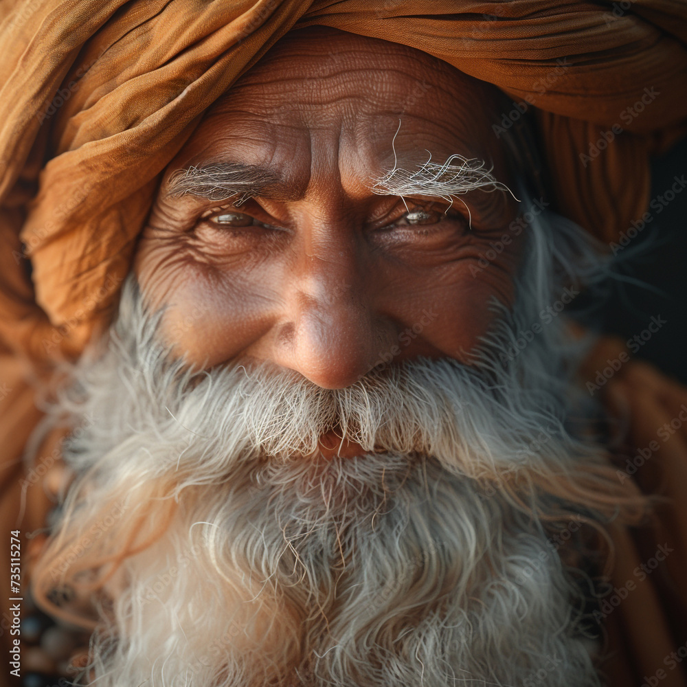 an old man with a long white beard and a turban smiling warmly