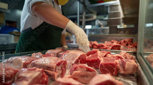 Açougueiro masculino cortando carne na cozinha comercial de um restaurante ou mercearia