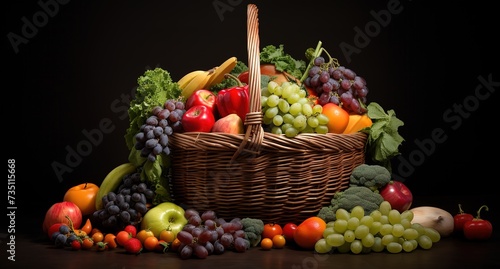 close up of grapes  apples and so on in a brown rattan basket on a black background