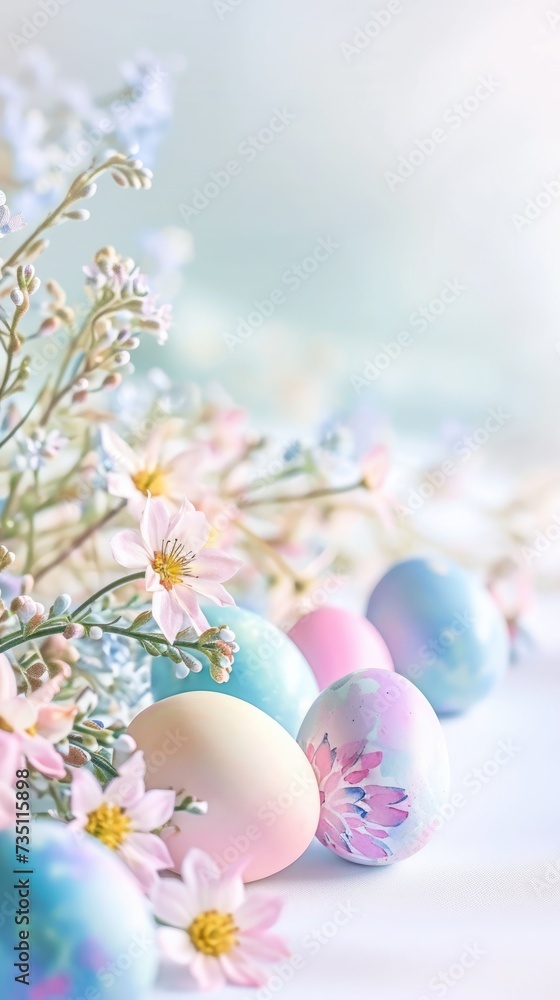 Pastel Watercolor Easter Eggs Adorned with Flowers in a Delicate Arrangement.