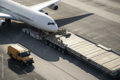 Aircraft cargo segment linked to a vehicle on the runway. Generative AI