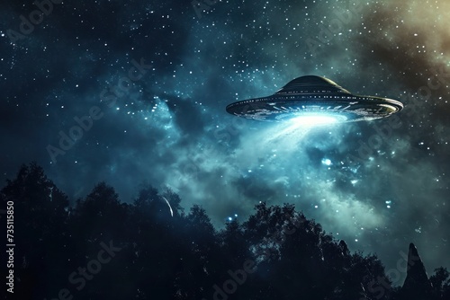 an ufo is flying in the night sky over a forest