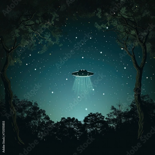 an ufo is flying through the night sky over a forest