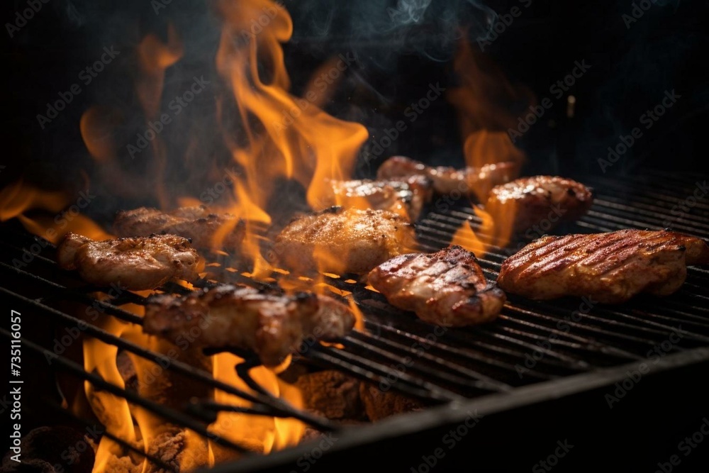 Fiery flames leap from the grill for a smoky barbecue. Generative AI
