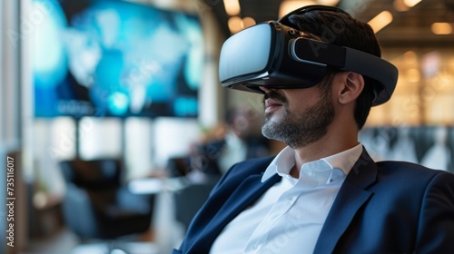 Executive Wearing VR Headset in High-Tech Office. Executive Exploring Virtual Interfaces with VR Headset in High-Tech Office.