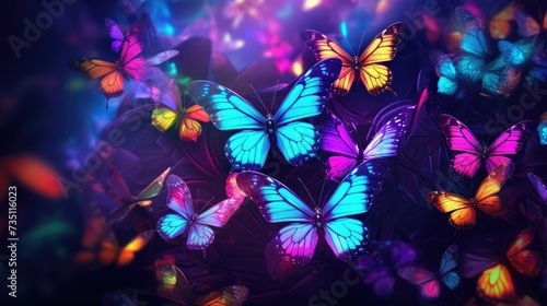 Fantastic background with butterflies and magical glowing stars on a black and purple background. Neon light.