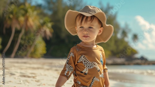 Let your child embrace their wild side with this safariinspired beach outfit featuring a khakicolored sun hat with a playful zebra print a brown rash guard with a giraffe photo