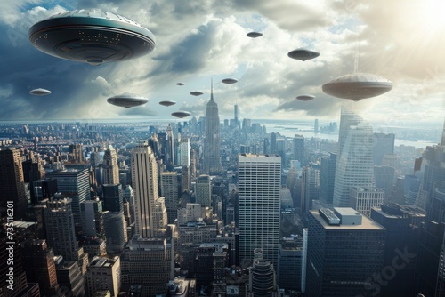 Flying saucers hover above city buildings, gliding through the cloudy sky