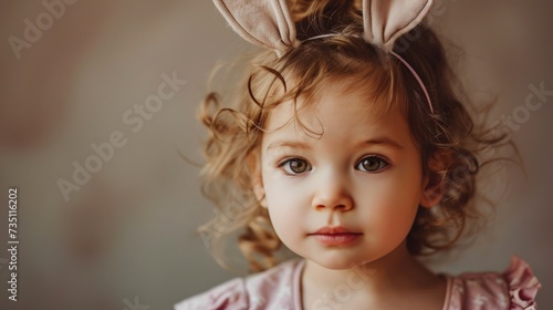 An endearing close-up of a young child with a bunny ears headband  curly hair  and big brown eyes  embodying a playful and heartwarming Easter spirit...