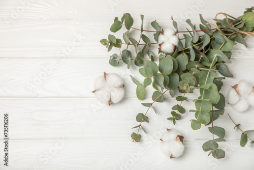 Eucalyptus leaves. Aromatherapy. Fresh eucalyptus close-up, on background. Fragrant essential oil. View from above. Copy space. Natural cosmetics and skin care concept.