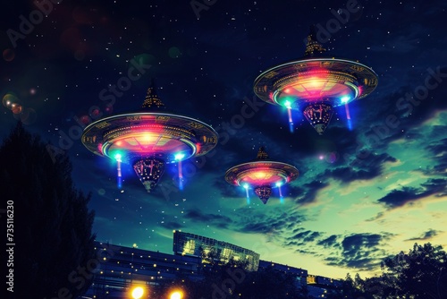 three flying saucers are flying over a city at night