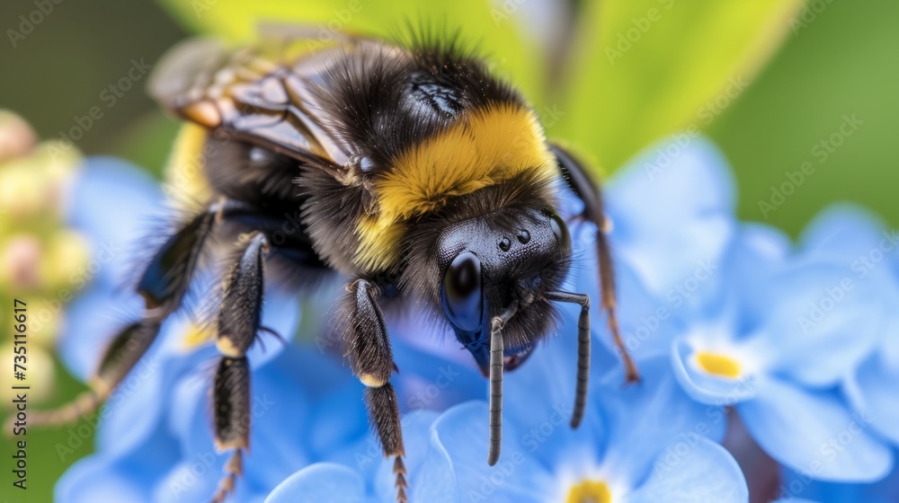 A bee perched on a vibrant blue flower, collecting pollen and nectar. A bee perched on a vibrant blue flower, collecting pollen and nectar.
