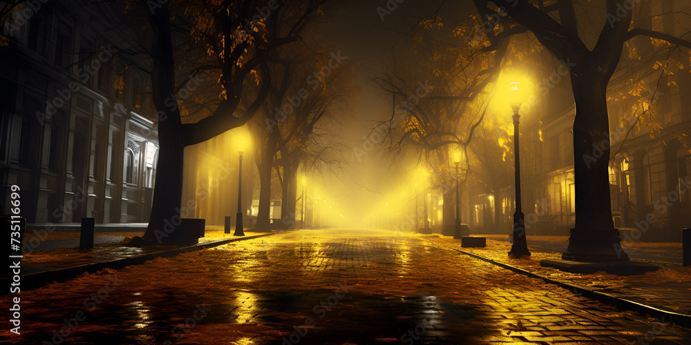 A street light on the empty road with rainy night in the rain Autumn foggy city street with road and yellow lights background Ai Generative