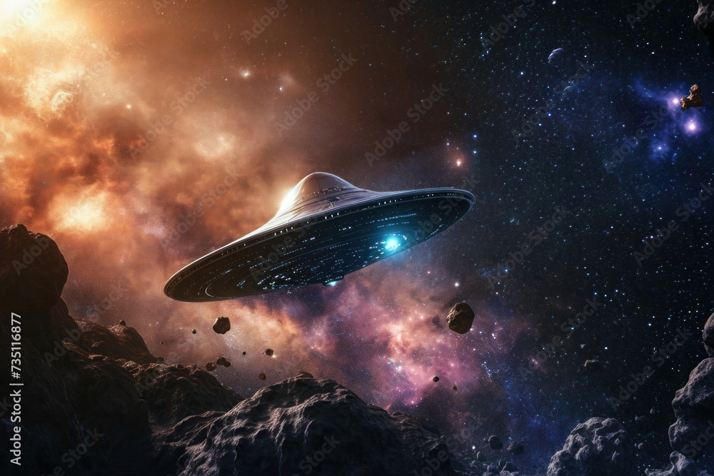 An electric blue UFO cruises through the galaxy in outer space An electric blue UFO cruises through the galaxy in outer space