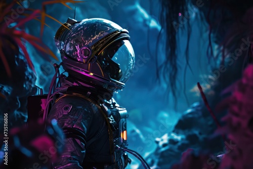 a man in a space suit is standing in a cave