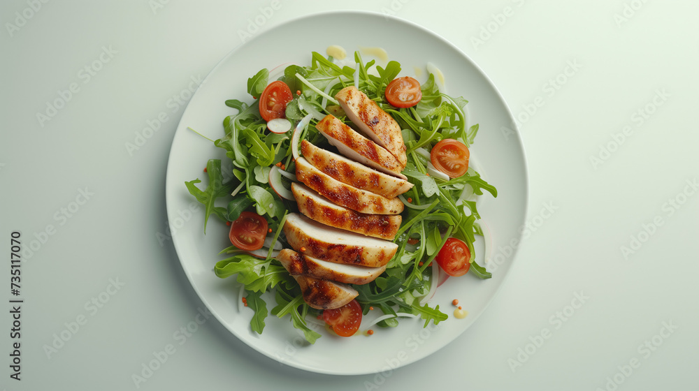 Grilled Chicken Caesar Salad on White Plate with Fresh Greens