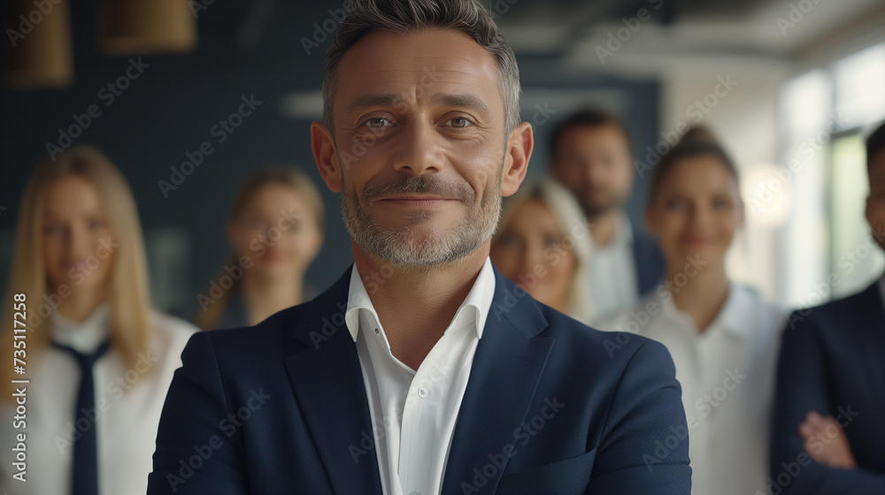 Confident Leader with Team, confident, smiling businessman in the foreground with a focused team of professionals blurred in the background Confident Leader with Team, confident, smiling businessman in the foreground with a focused team of professionals blurred in the background