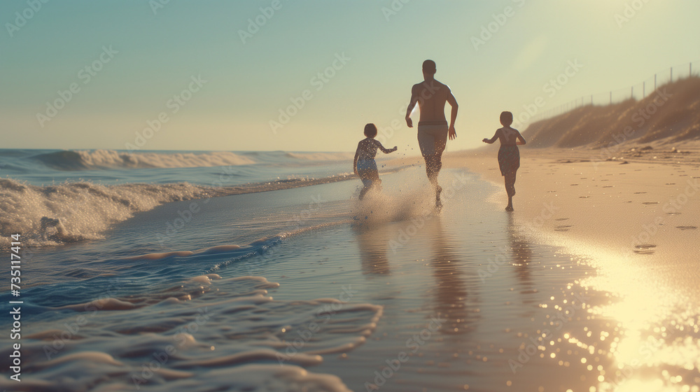 Dady and Mom run along the beach with their children, people walking on the beach at sunset