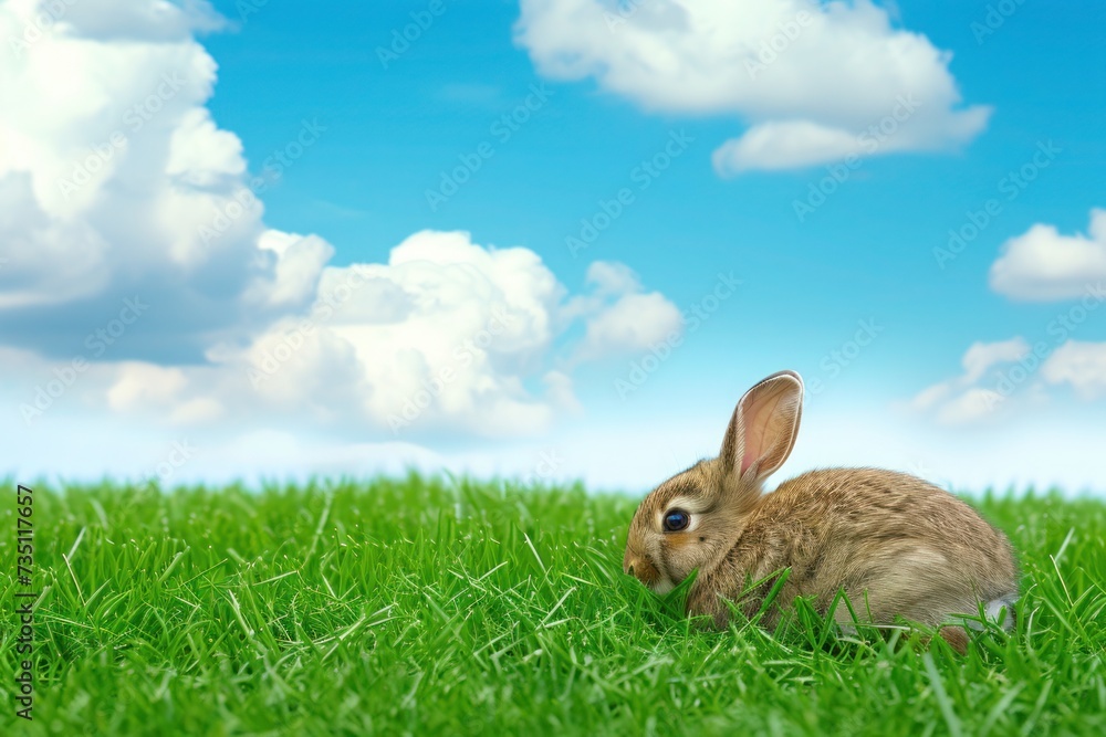 Fototapeta premium A happy cottontail rabbit sitting in the grass under sunny skies