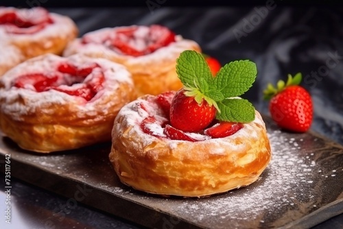 
Bakery pastries, strawberries on marble table. Freshly cooked bakery. Home cooked bakery for morning breakfast