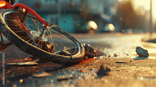 Bicycle accident, rusty broken bicycle wheel photo