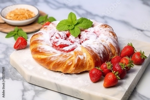  Bakery pastries, strawberries on marble table. Freshly cooked bakery. Home cooked bakery for morning breakfast