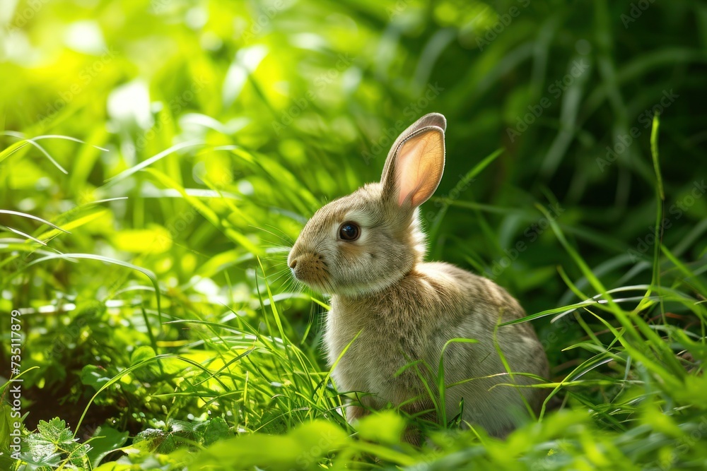 Audubons Cottontail rabbit sitting in grass, gazing at camera Audubons Cottontail rabbit sitting in grass, gazing at camera