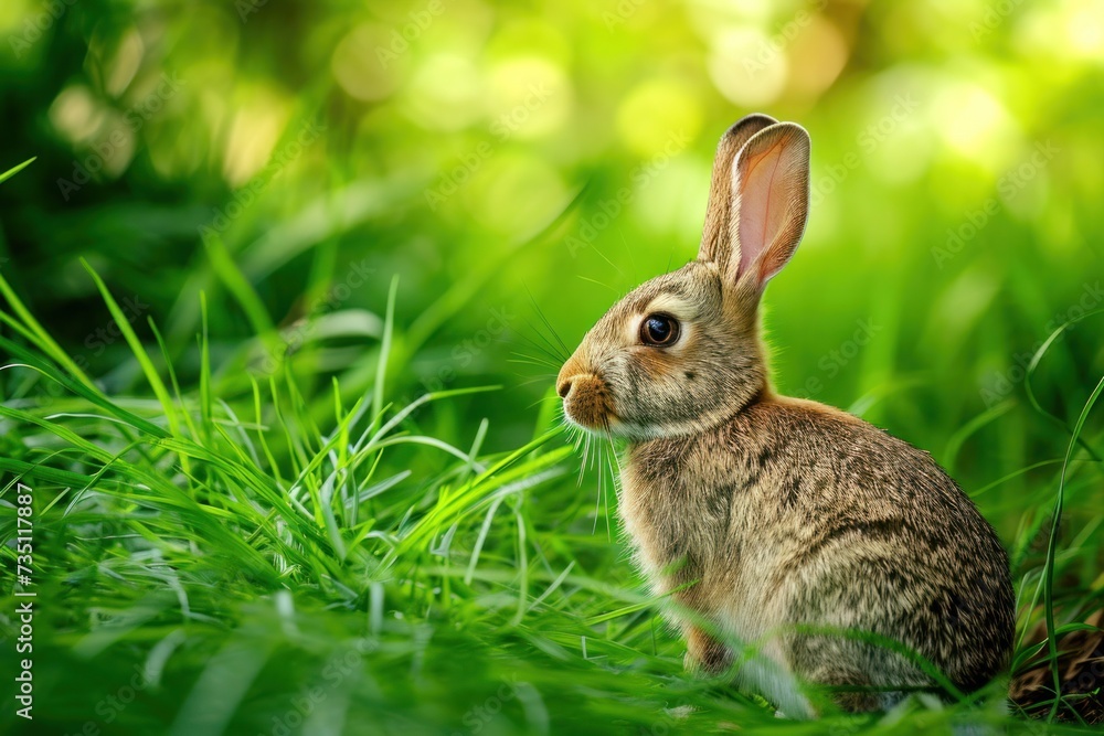 A small Wood Rabbit is sitting in the grass, gazing at the camera A small Wood Rabbit is sitting in the grass, gazing at the camera