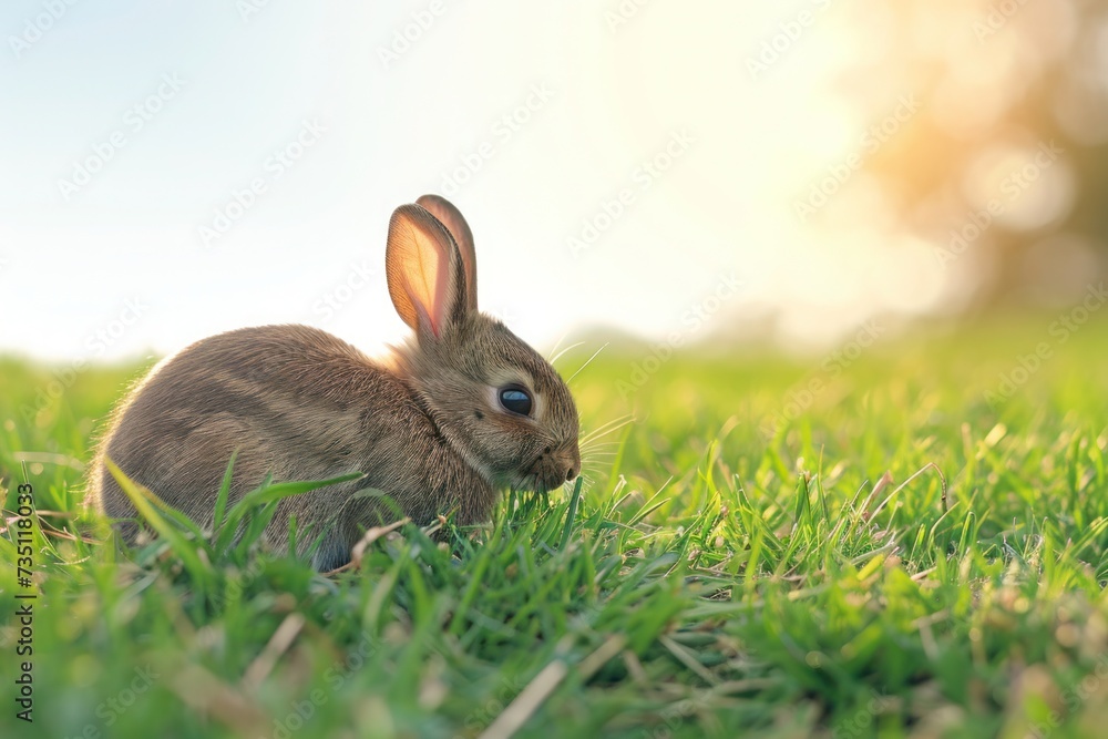 Fototapeta premium A small Mountain Cottontail rabbit is seated in the grass, gazing at the camera