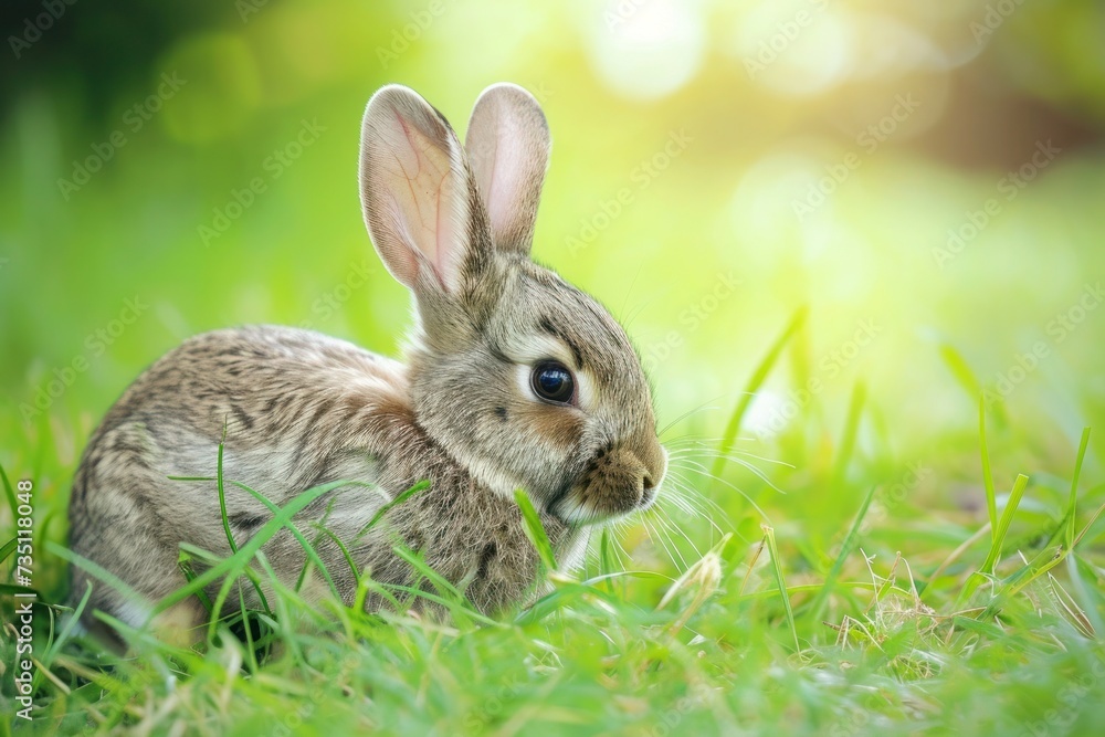 Audubons Cottontail sitting in grass, gazing at camera Audubons Cottontail sitting in grass, gazing at camera