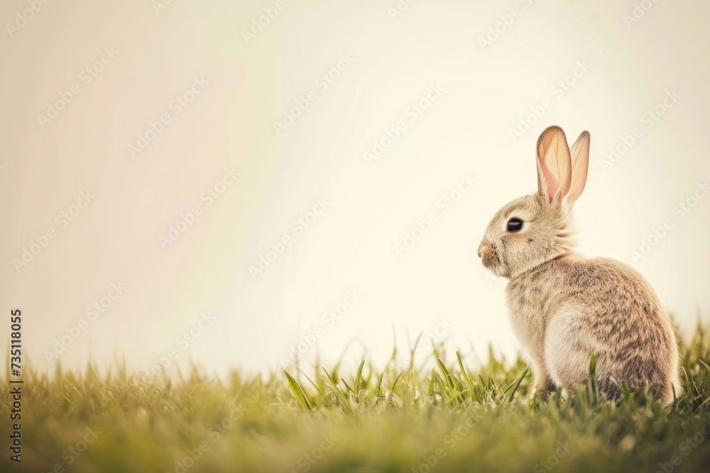 Fototapeta premium A small Mountain Cottontail rabbit sits in the grass, gazing at the camera
