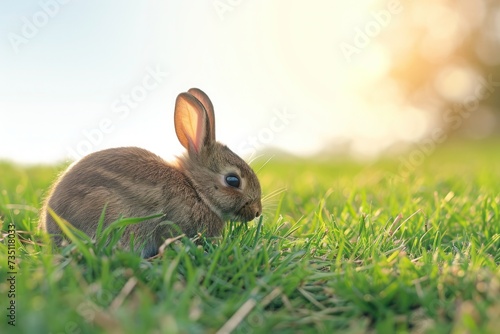 A small Mountain Cottontail rabbit is seated in the grass, gazing at the camera