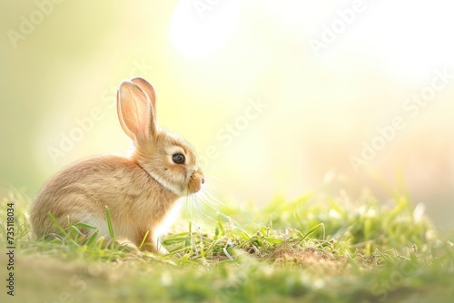A small brown Mountain Cottontail rabbit is resting in the grass