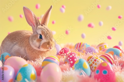 Rabbit enjoying Easter event atop colorful eggs, filled with sweetness and fun