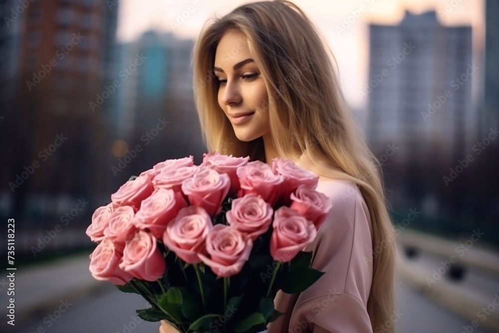 Fototapeta premium Beautiful girl holding a bouquet of pink roses flowers on dates in the city. Businesswoman with a bouquet of flowers. Back view