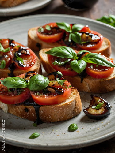 Tomato basil bruschetta with a drizzle of balsamic reduction on crusty baguette slices.