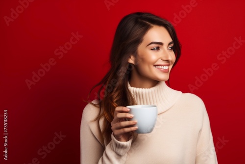  beautiful woman drinking coffee, brunette enjoying cup of hot chocolate, side view of cute girl isolated on red background portrait of woman having morning tea, gorgeous woman holding cappuccino mug © Ирина Курмаева